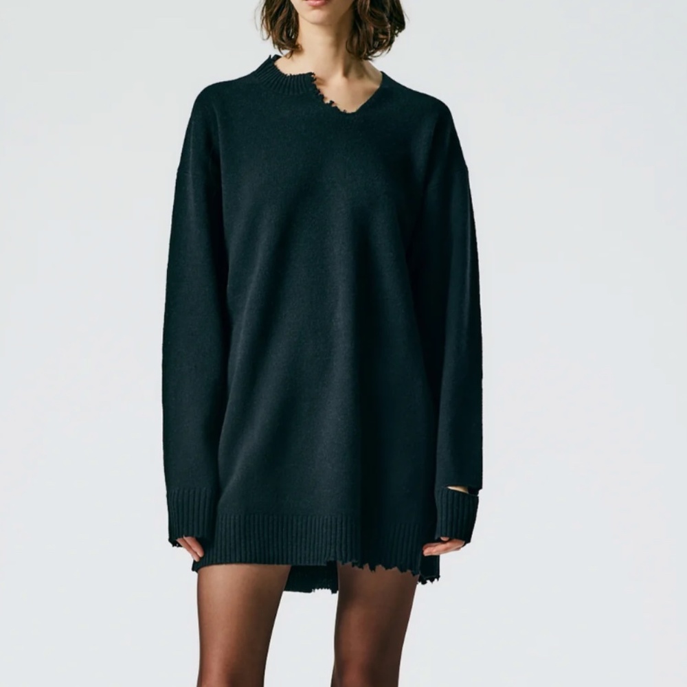 Tibi Black Distressed V-Neck Oversized Crew Sweater